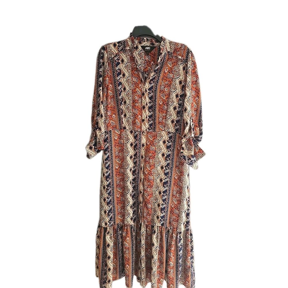 ABS by Allen Schwartz Orange Floral Western Rodeo Shirt Dress Womans Size Medium